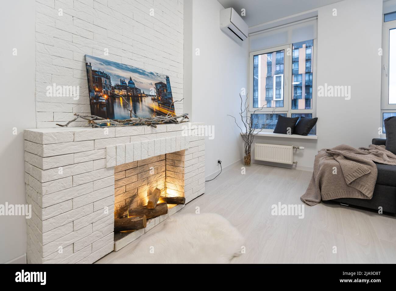 Image showcasing Luxury Loft Living Room Interior, Apartments with a fireplace Stock ...