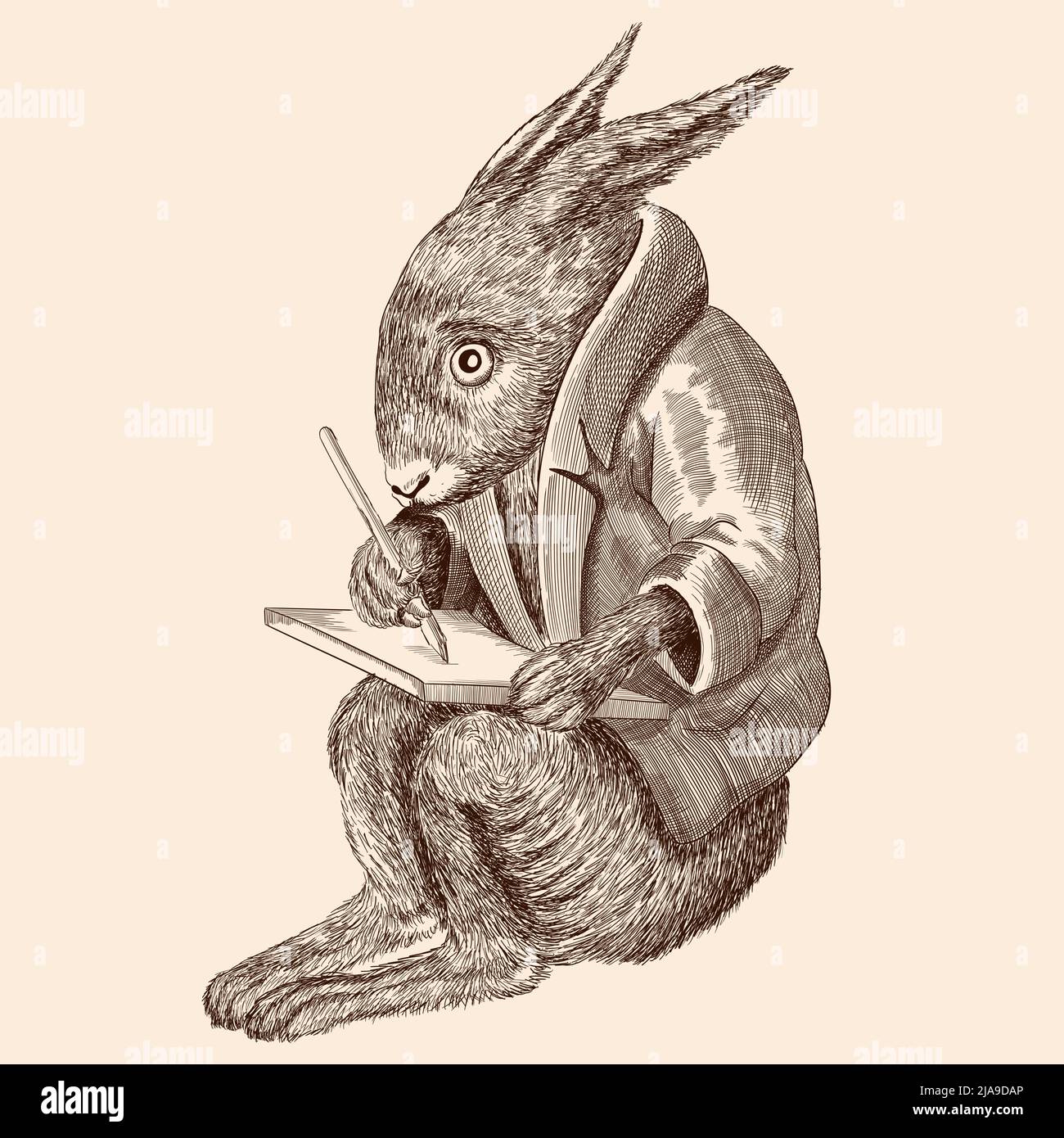 A fabulous animal hare in a jacket sits and writes on a tablet. Stock Vector