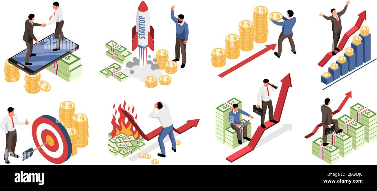 Investment in business startup isolated colored icons with businessmen ...