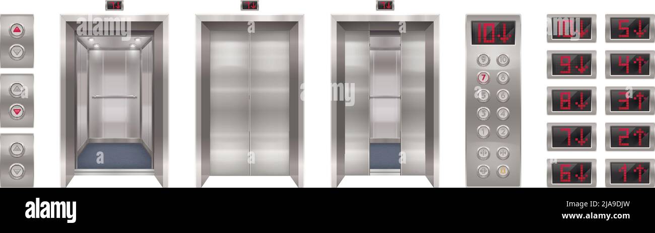 Elevator door set with realistic images of automatic doors with buttons panel and screens with digits vector illustration Stock Vector