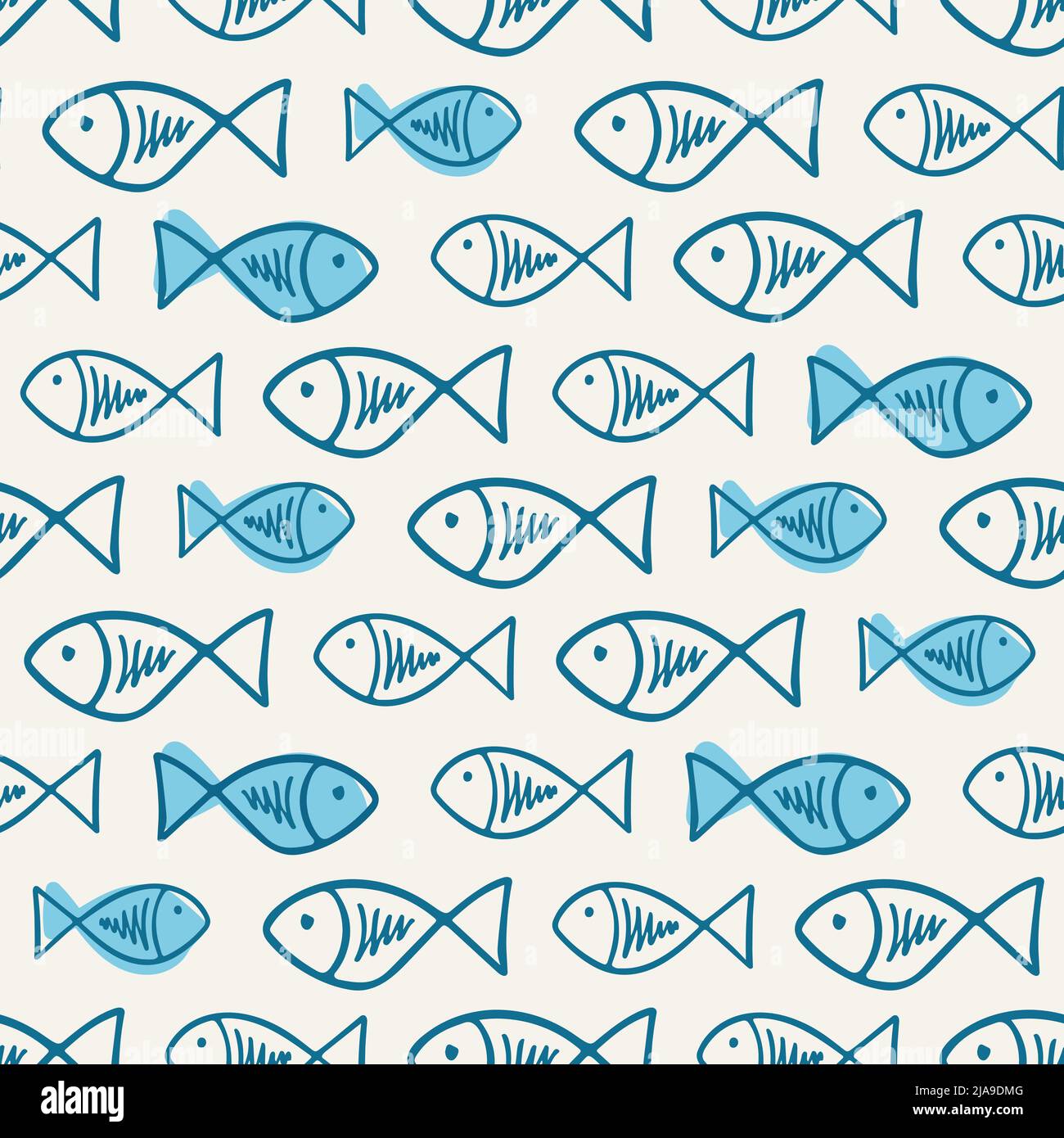 Vector fishes doodles seamless pattern. Cute hand drawn illustration ...