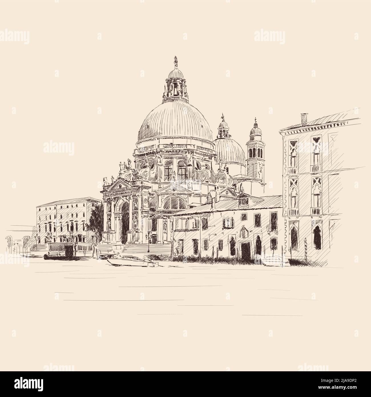 Scenery of the old city of Venice. Ancient buildings, St. Mary's Cathedral and a water channel. Pencil sketch. Stock Vector