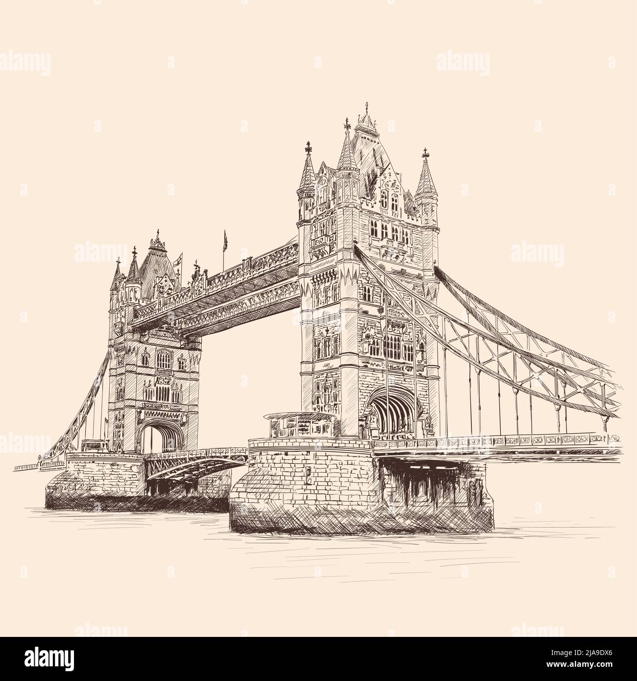 Tower Bridge in London across the River Thames. Pencil sketch on a beige background. Stock Vector