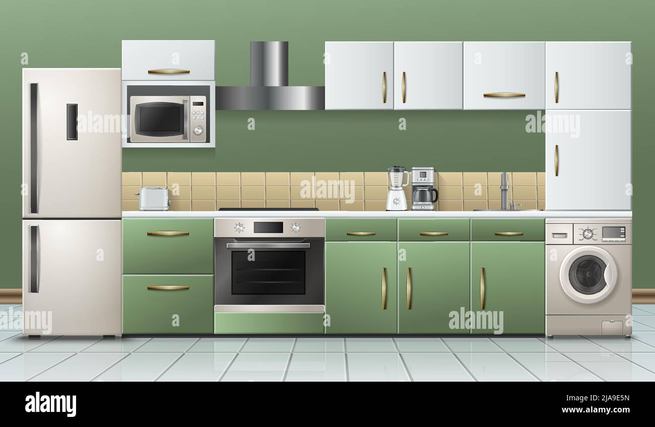 Modern kitchen furniture household appliances interior realistic ...