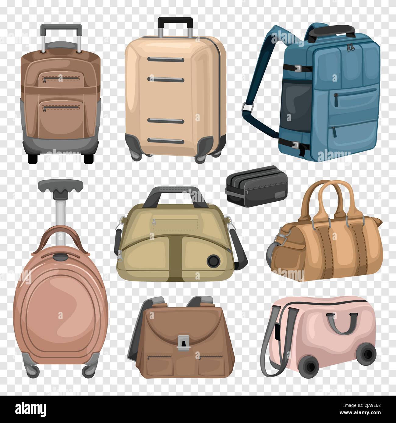 Sports bags and touristic suitcases on wheels color collection on transparent background isolated vector illustration Stock Vector