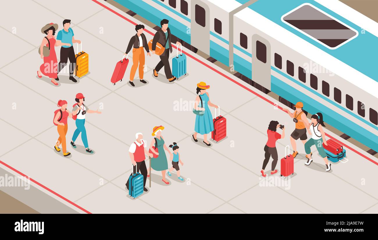 Isometric travel people composition with view of train station platform ...