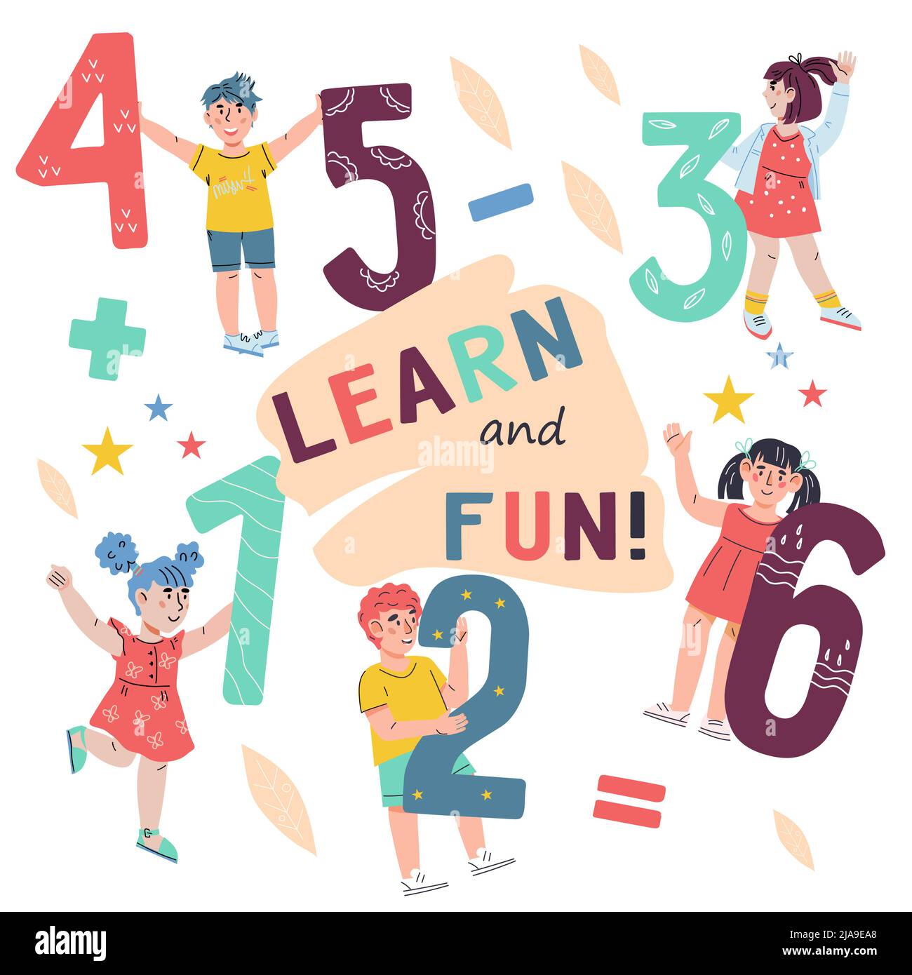Kids math education banner or poster template with children learning ...