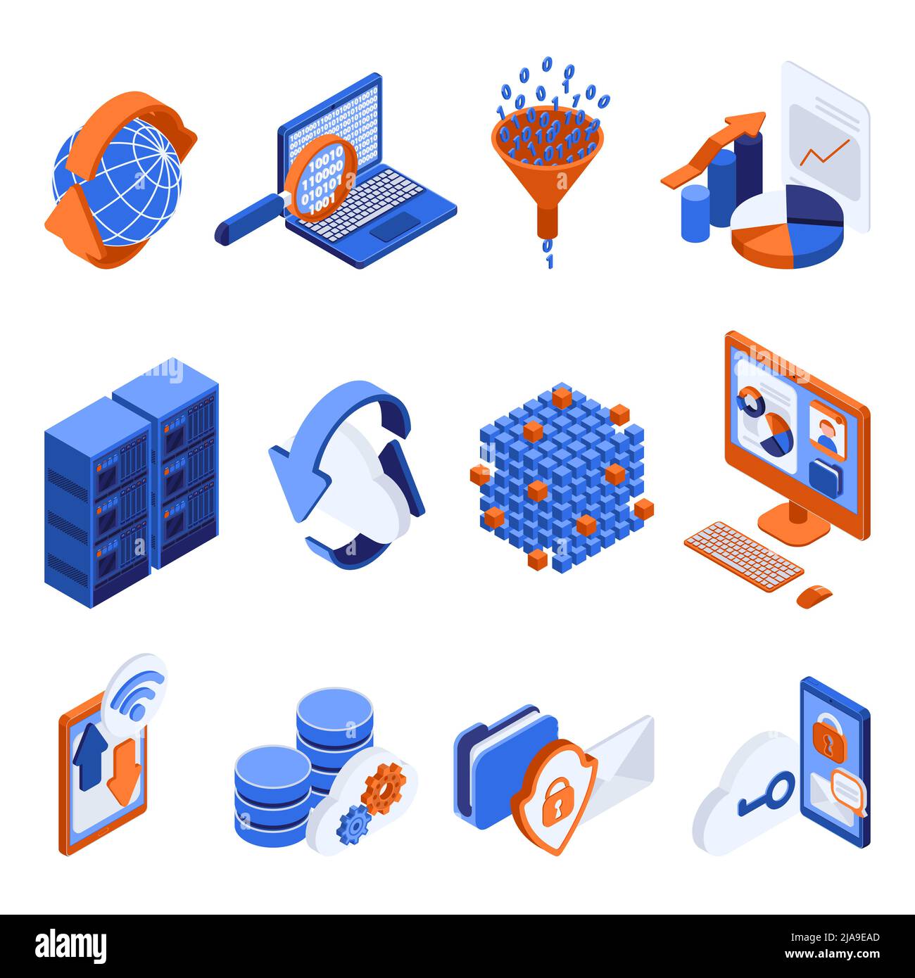 Big data analysis processing isometric icons set with network cloud and graphic analysis symbols isolated vector illustration Stock Vector