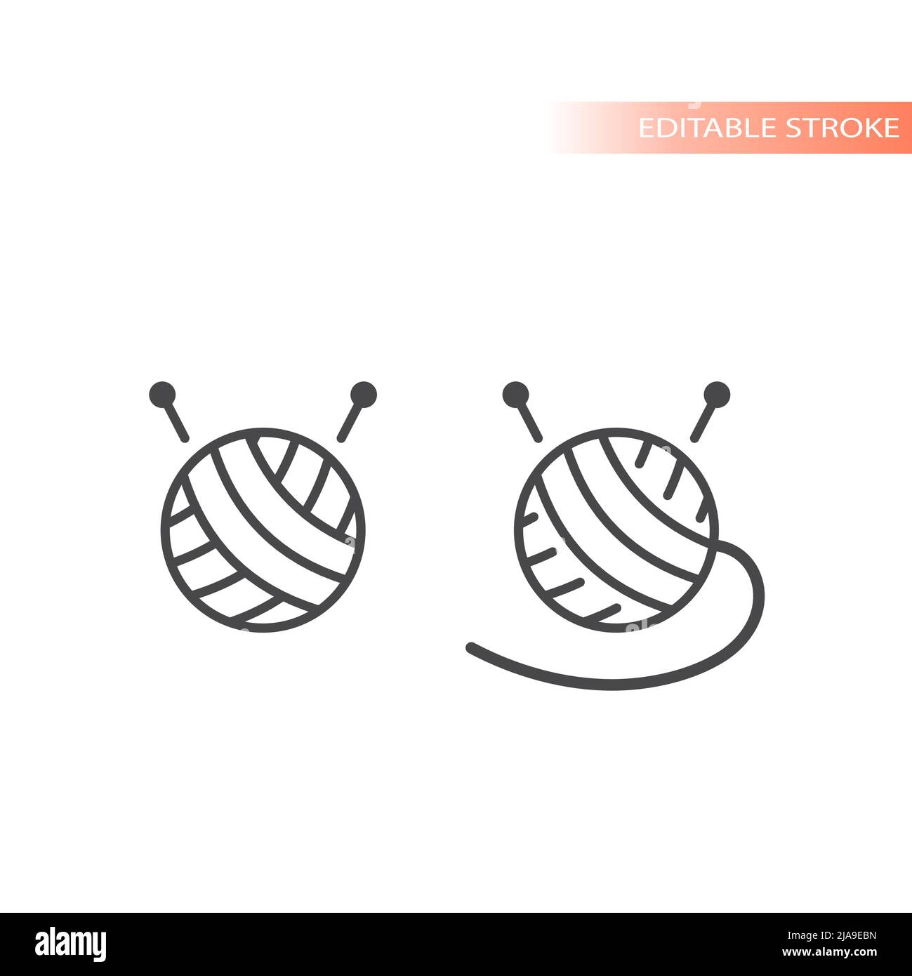 Yarn ball with knitting needles line vector icon. Outlined, editable stroke. Stock Vector
