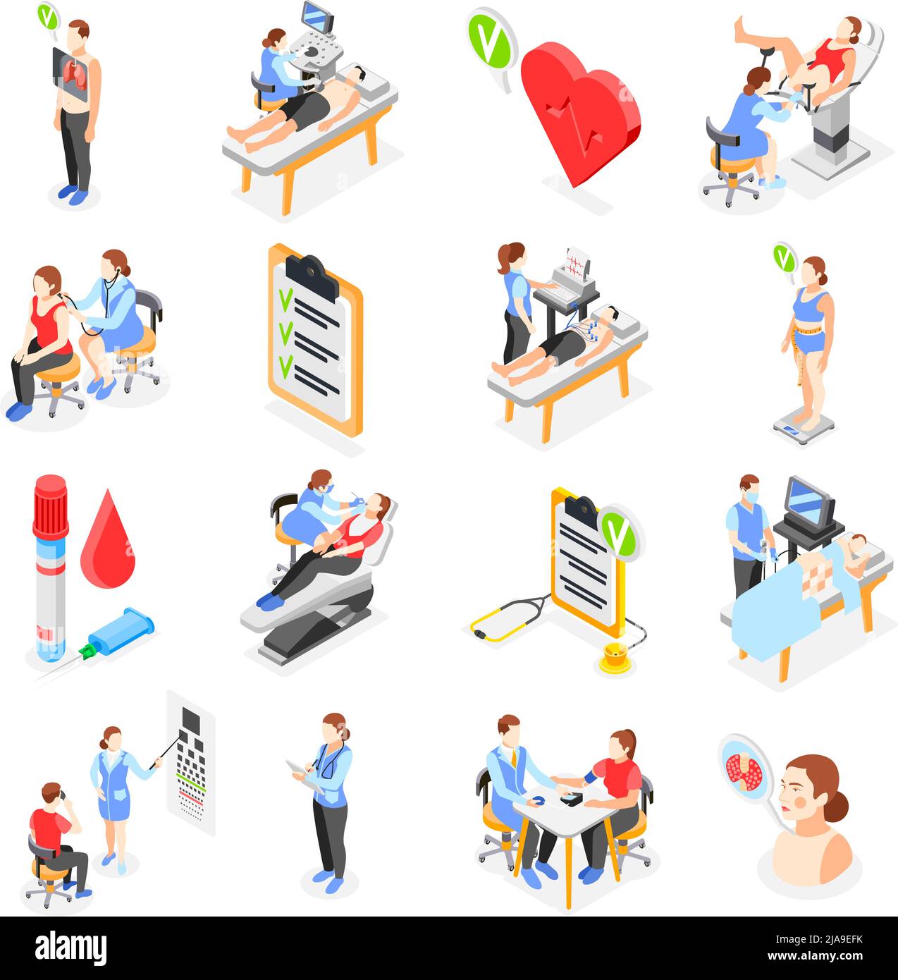 Health checkup set with human characters of doctors patients and medical equipment 3d isometric isolated vector illustration Stock Vector