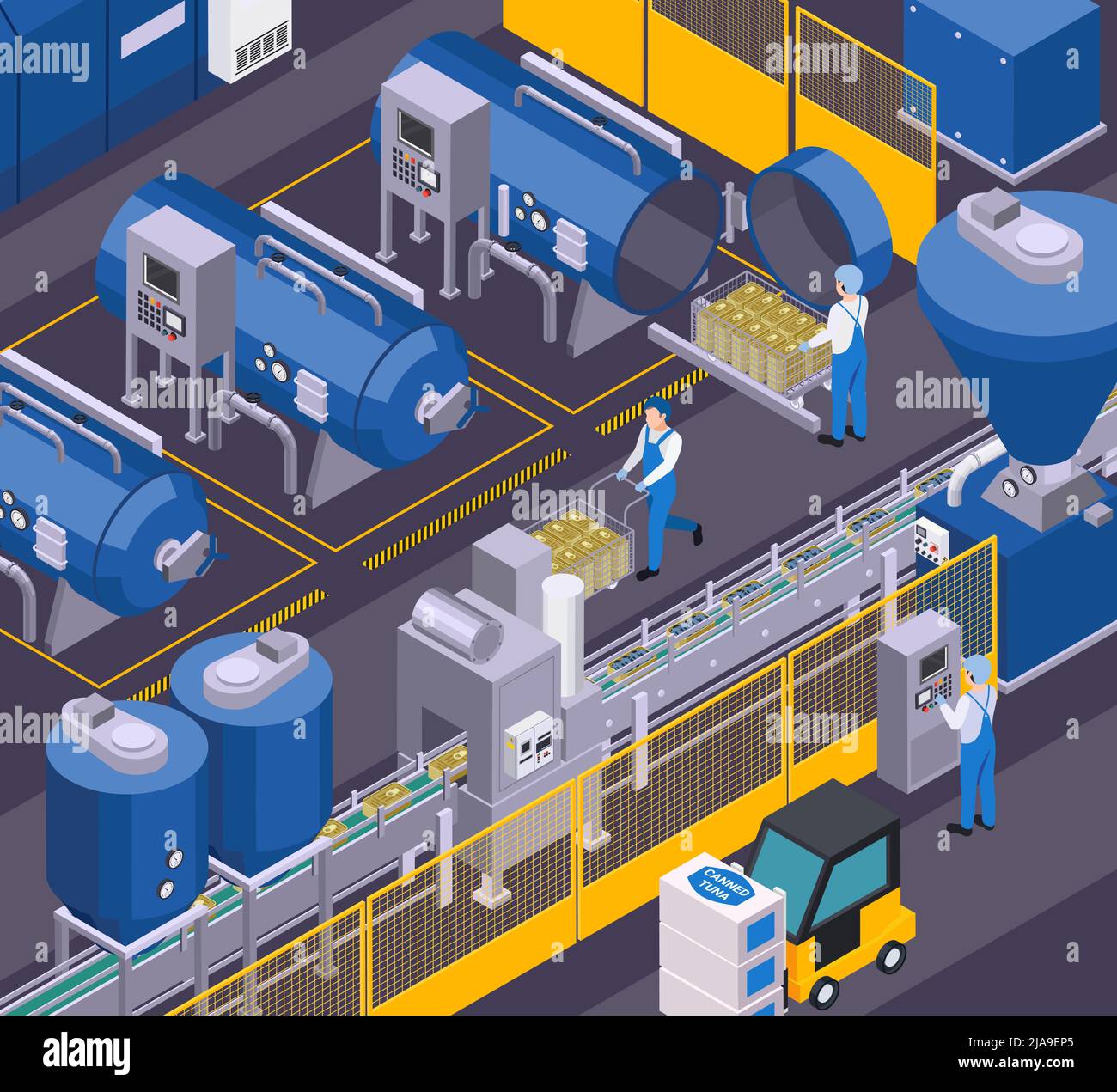 Canned food production isometric composition with view of production