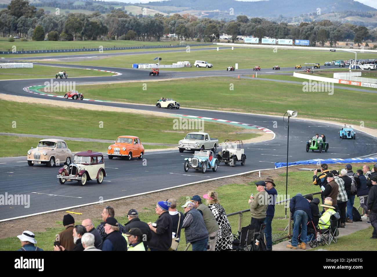 Winton, Australia. 29 May, 2022.  Austin Seven cars parade the Winton Raceway Circuit in North East Victoria, Australia for the 45th Historic Winton meeting. Historic Winton is Australia's largest and most popular all-historic motor race meeting. Credit: Karl Phillipson/Optikal/Alamy Live News Stock Photo