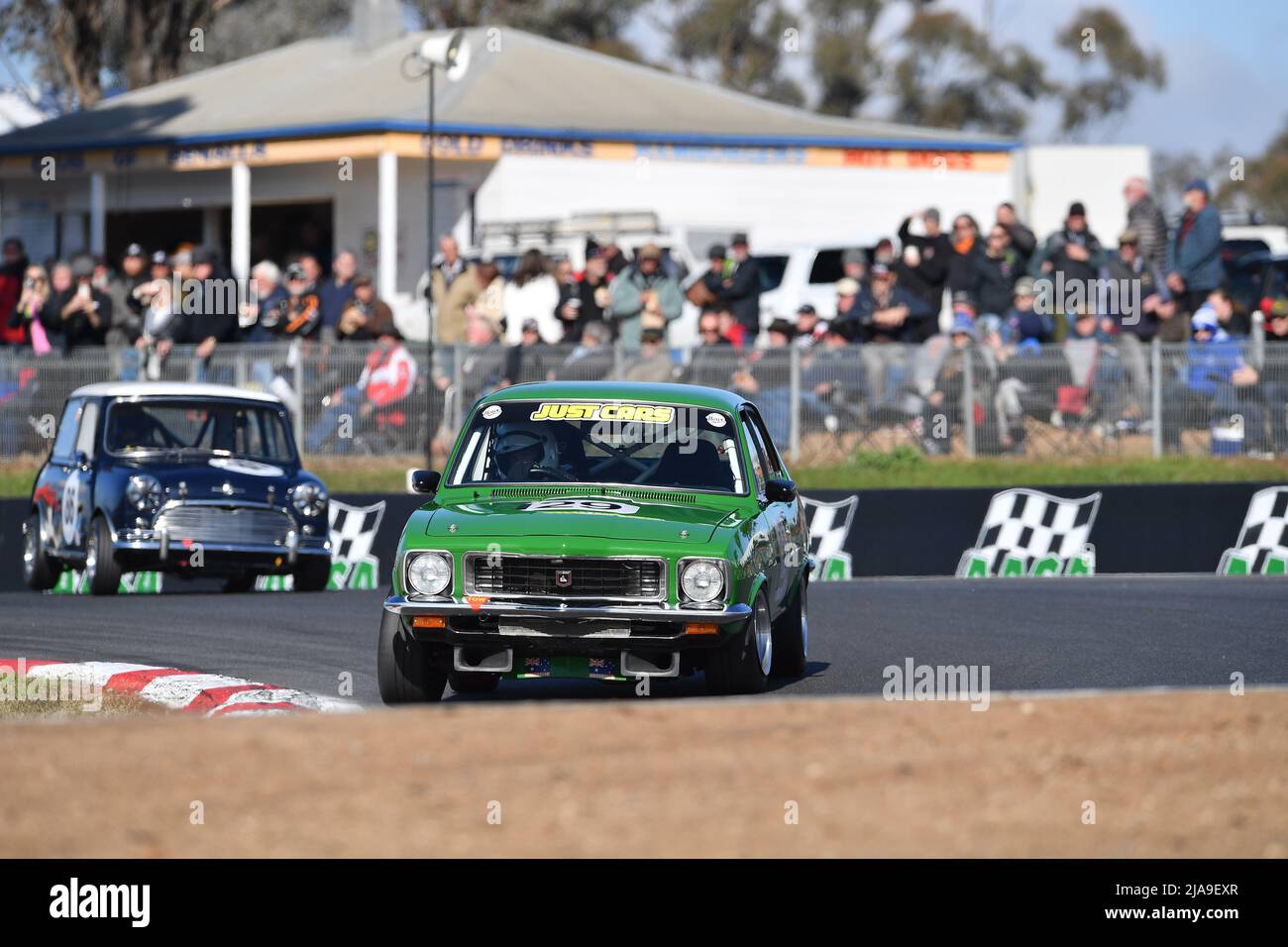 Winton, Australia. 29 May, 2022.  Andrew Girvan's 1972 Holden GTR takes turn 1 and the lead in the N Class race at Historic Winton. Historic Winton is Australia's largest and most popular all-historic motor race meeting. Credit: Karl Phillipson/Optikal/Alamy Live News Stock Photo
