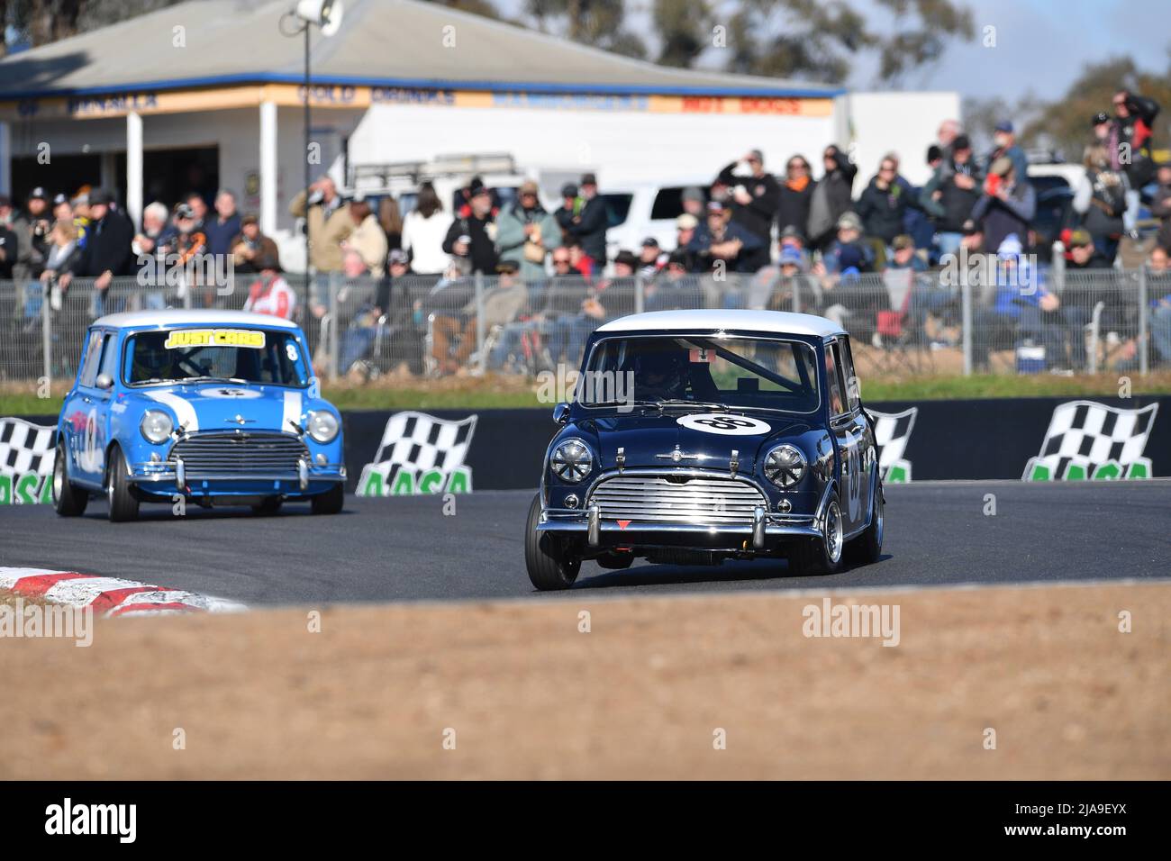 Winton, Australia. 29 May, 2022. South Australia's Jonathon French leads the Group N class into turn 3 of the Winton Circuit in a 1964 Morris Mini Cooper S. Credit: Karl Phillipson/Optikal/Alamy Live News Stock Photo