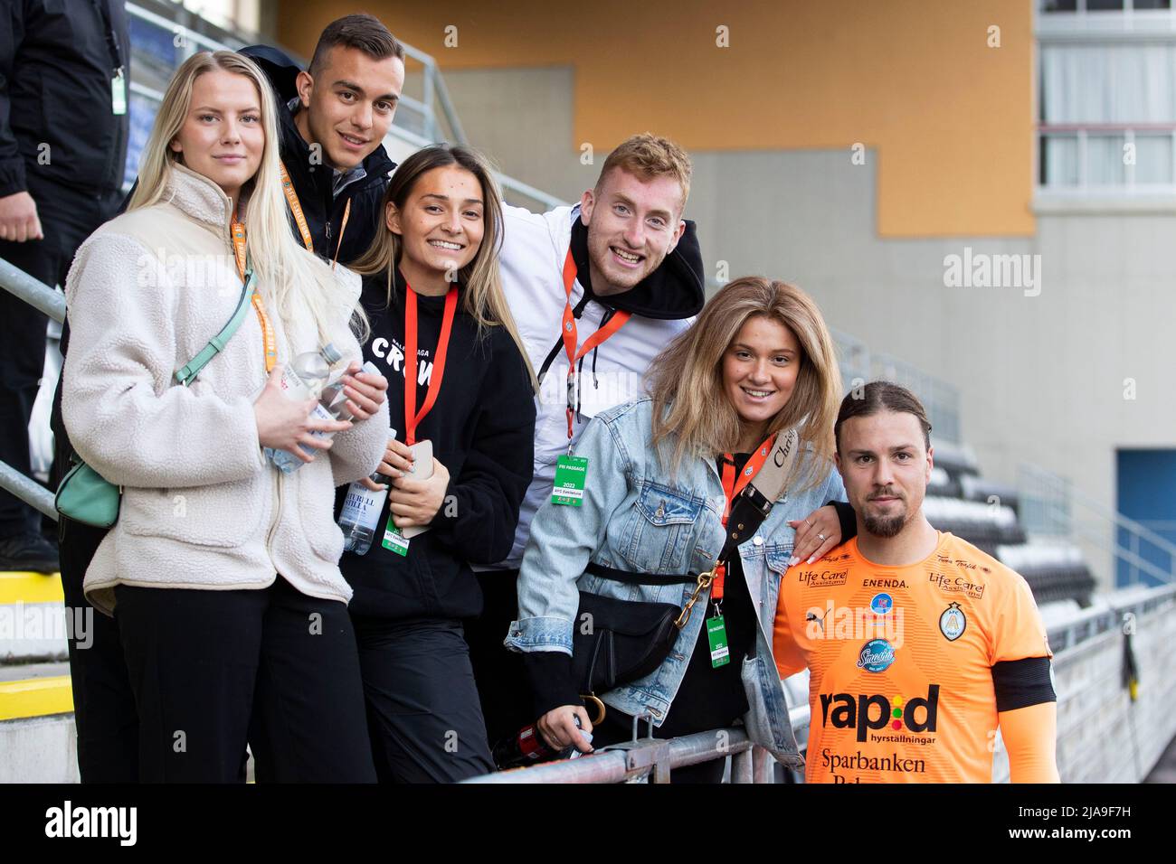 Swedish footballer Dejan Kulusevski, currently playing for Tottenham Hotspur on loan from Juventus and his girlfiend and fellow footballer Eldina Ahmic  (left) and his sister Sandra Kulusevska (right) with her boyfriend Abdelkarim Mammar Chaouche who playedfor Athletic Eskilstunaat in a soccer game  in Eskilstuna, Sweden 28 May 2022  Photo: Per Karlsson / TT / code 11723 Stock Photo