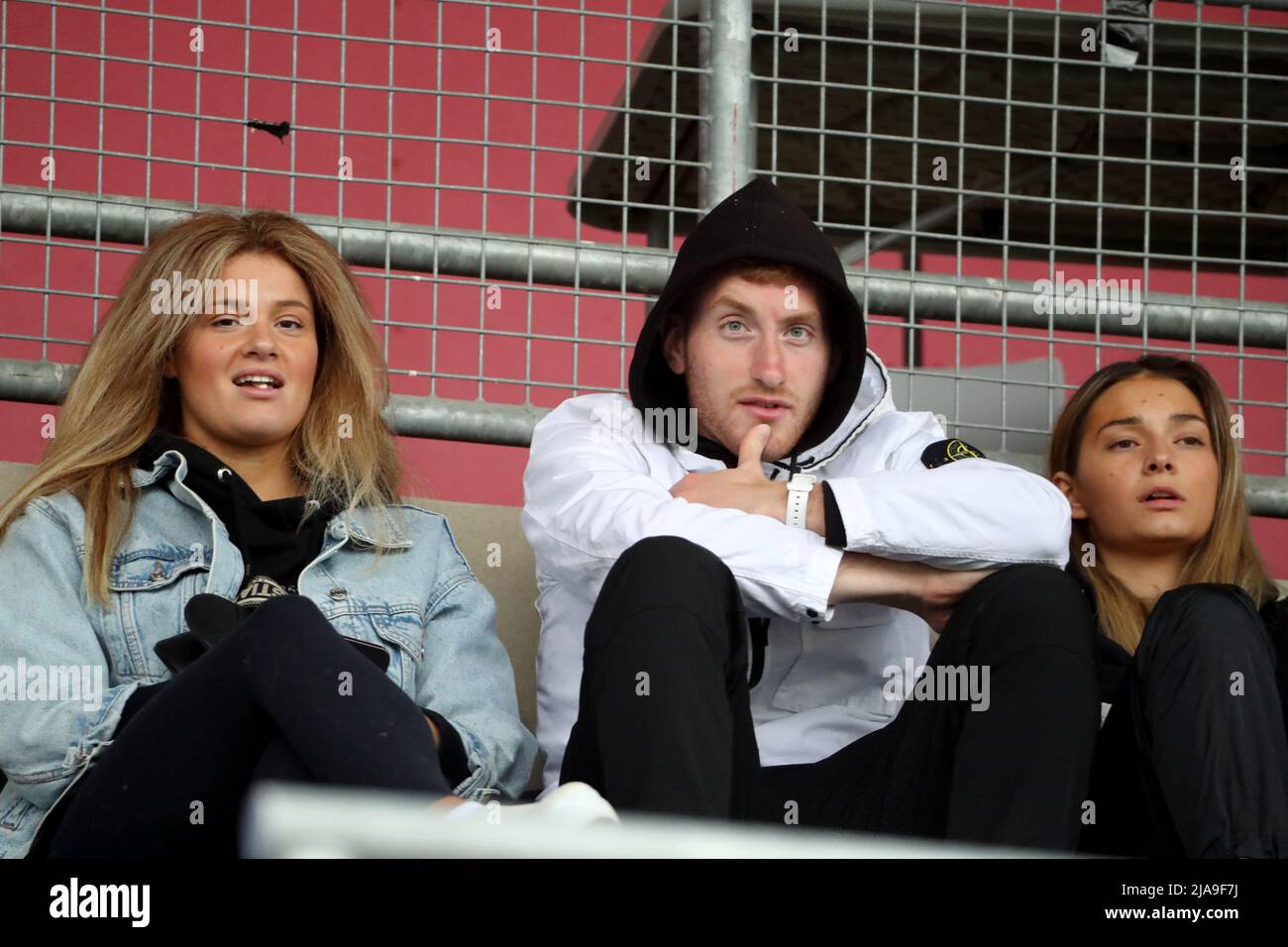 Swedish footballer Dejan Kulusevski, currently playing for Tottenham Hotspur on loan from Juventus, with his sister Sandra Kulusevska (left) and  his girlfiend and fellow footballer Eldina Ahmic (right) at a soccer game where they watched Sandra's boyfriend Abdelkarim Mammar Chaouche play for Athletic Eskilstuna  in Eskilstuna, Sweden 28 May 2022  Photo: Per Karlsson / TT / code 11723 Stock Photo