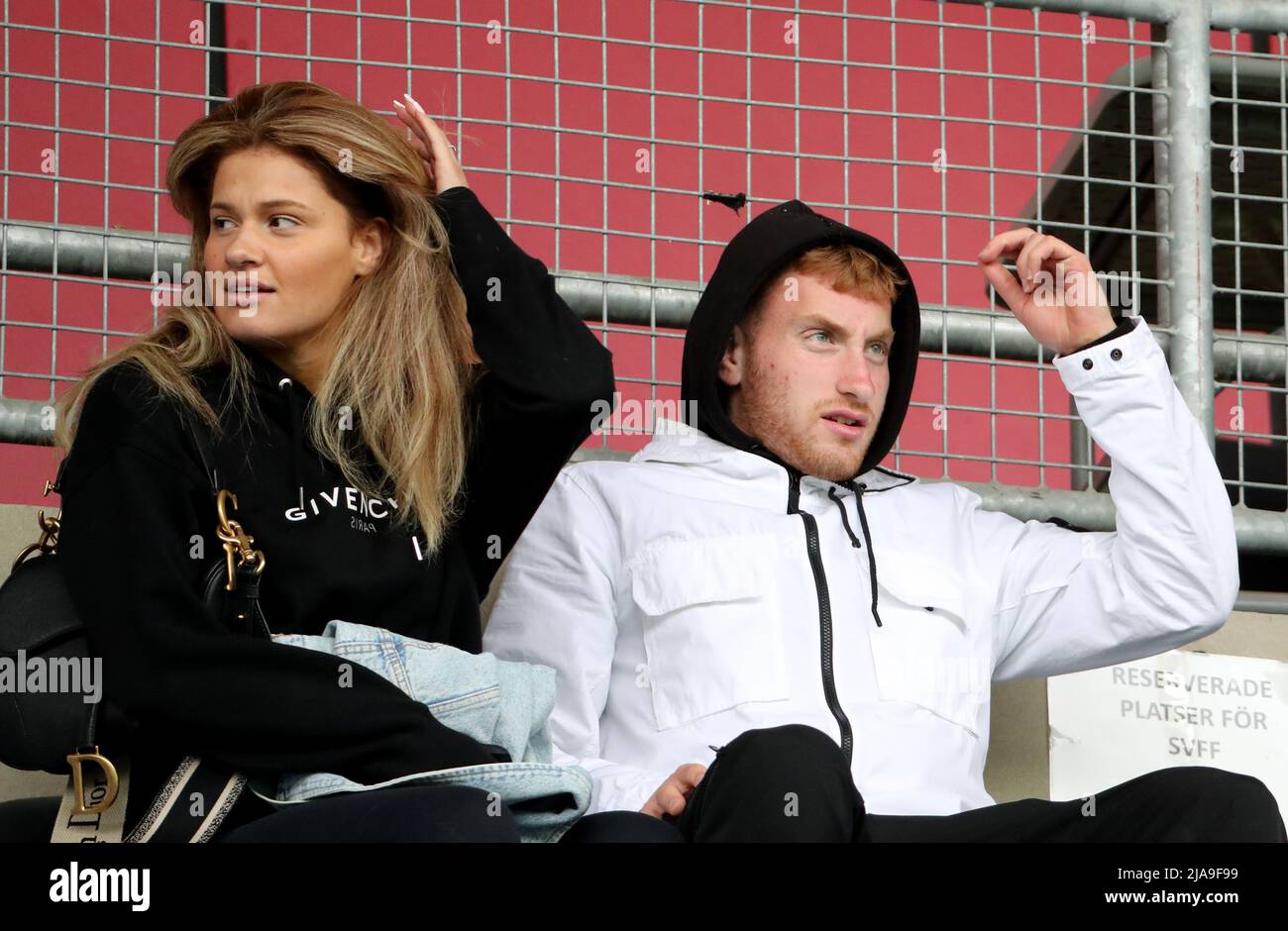 Swedish footballer Dejan Kulusevski, currently playing for Tottenham Hotspur on loan from Juventus, with his sister Sandra Kulusevska (left) at a soccer game where they watched Sandra's boyfriend Abdelkarim Mammar Chaouche play for Athletic Eskilstuna  in Eskilstuna, Sweden 28 May 2022  Photo: Per Karlsson / TT / code 11723 Stock Photo