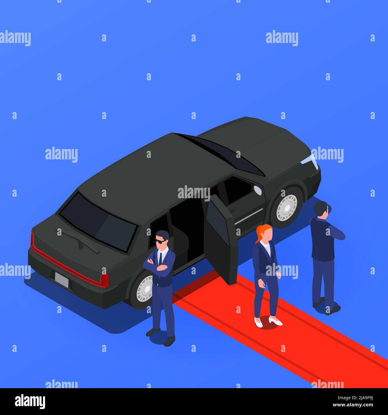 Bodyguards security service isometric composition with celebrity stepping out of armored car on red carpet vector illustration Stock Vector