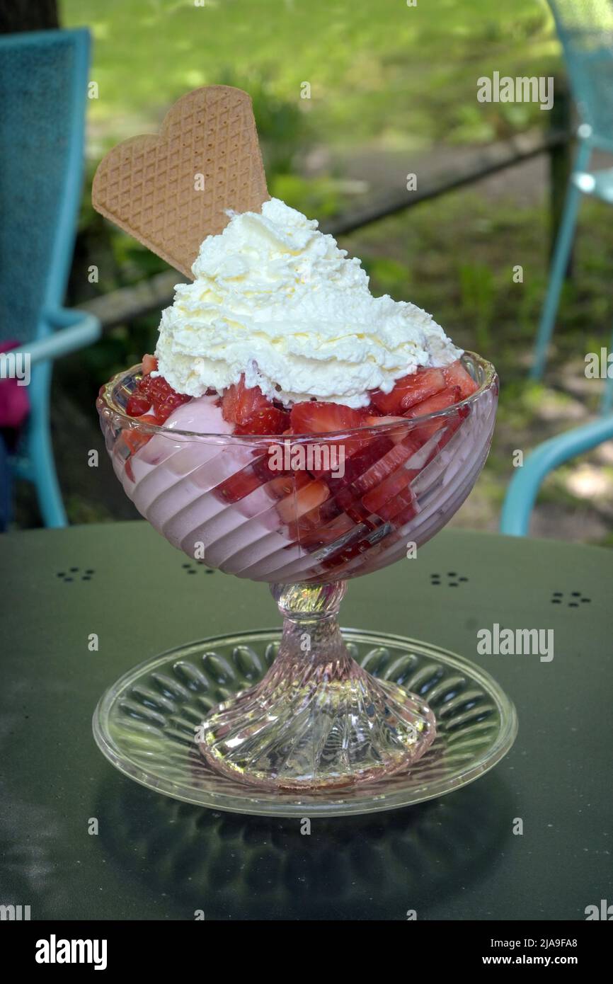 sundae from ice cream with fresh strawberries and whipped cream in a glass bowl on a table in a street cafe, copy space, selected focus, narrow depth Stock Photo