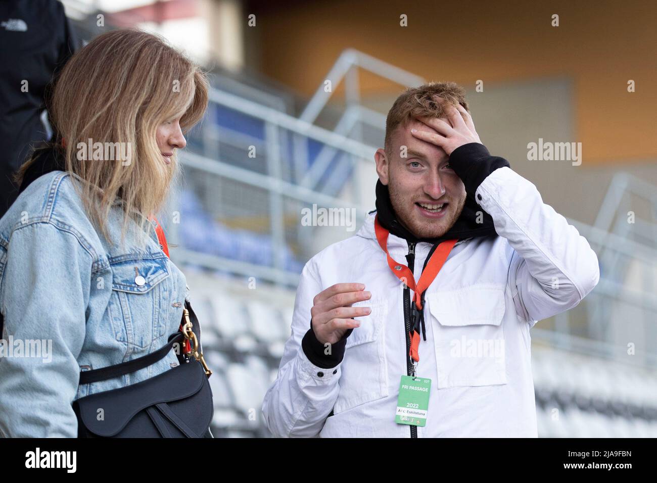 Swedish footballer Dejan Kulusevski, currently playing for Tottenham Hotspur on loan from Juventus, with his sister Sandra Kulusevska  at a soccer game where they watched Sandra's boyfriend Abdelkarim Mammar Chaouche play for Athletic Eskilstuna  in Eskilstuna, Sweden 28 May 2022  Photo: Per Karlsson / TT / code 11723 Stock Photo