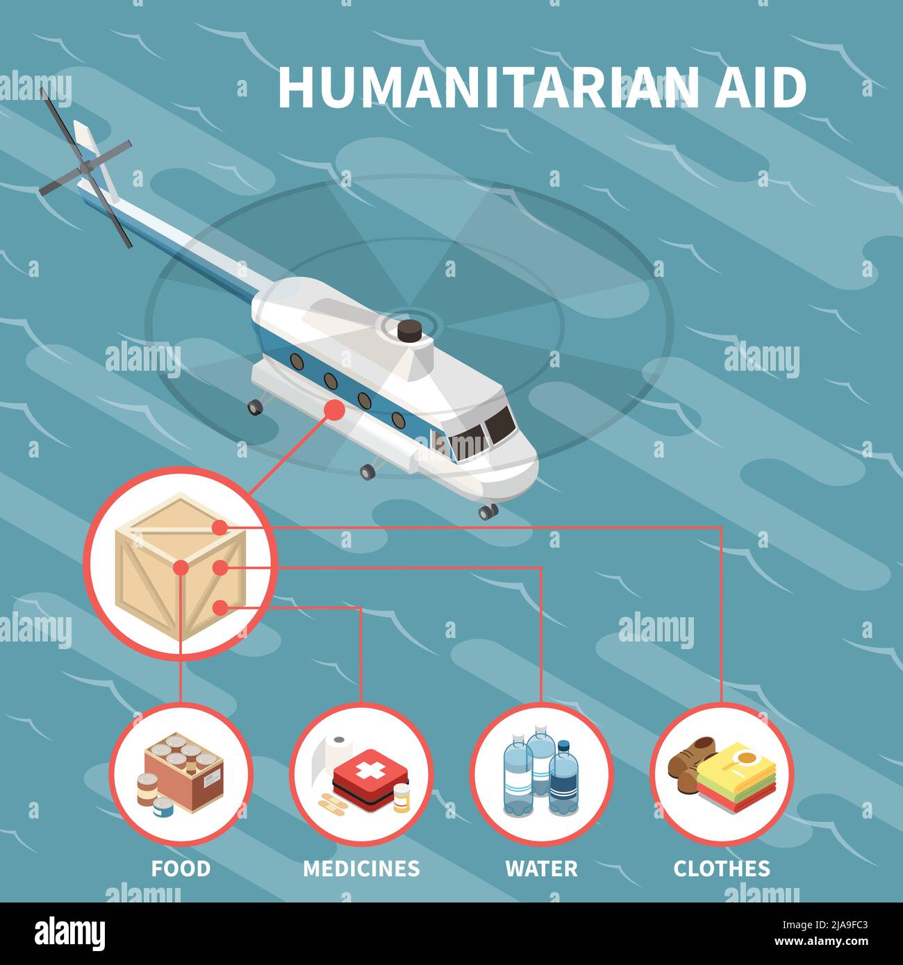 Humanitarian aid isometric background with helicopter delivering food