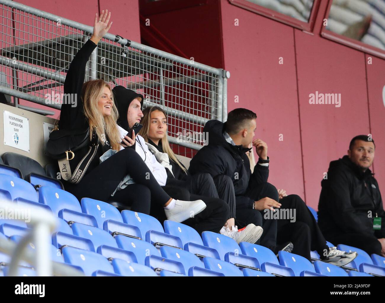 Swedish footballer Dejan Kulusevski, currently playing for Tottenham Hotspur on loan from Juventus, with his sister Sandra Kulusevska (left) and  his girlfiend and fellow footballer Eldina Ahmic (right) at a soccer game where they watched Sandra's boyfriend Abdelkarim Mammar Chaouche play for Athletic Eskilstuna  in Eskilstuna, Sweden 28 May 2022  Photo: Per Karlsson / TT / code 11723 Stock Photo