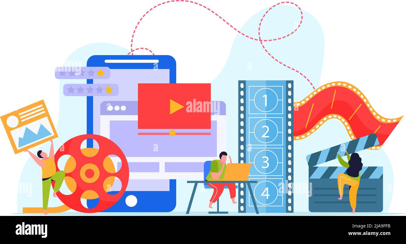Animation and motion design flat background with team working on computer creating animated video vector illustration Stock Vector