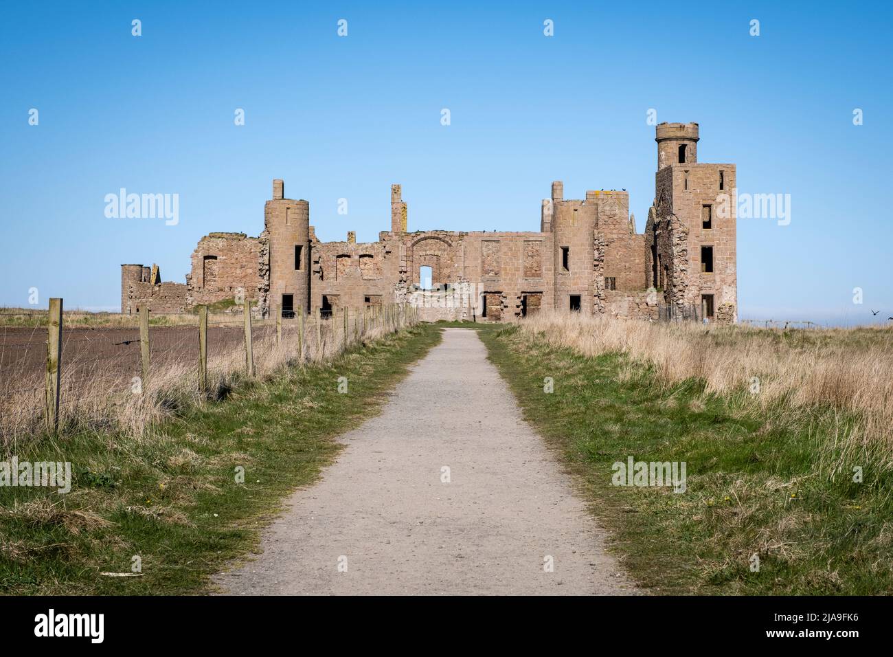 Slains Castle, also known as New Slains Castle to distinguish it from the nearby Old Slains Castle, is a ruined castle in Aberdeenshire, Scotland. Stock Photo