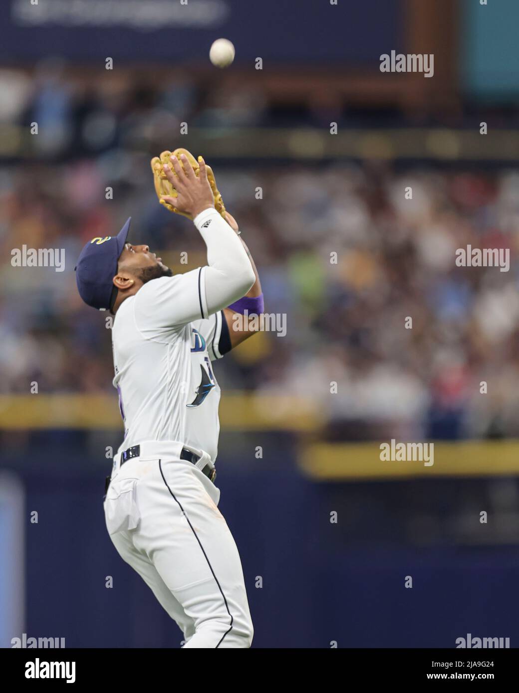 St. Petersburg, United States. 28th May, 2022. St. Petersburg, FL. USA;  Tampa Bay Rays first baseman Yandy Diaz (2) catches a pop up off the batt  of New York Yankees catcher Jose