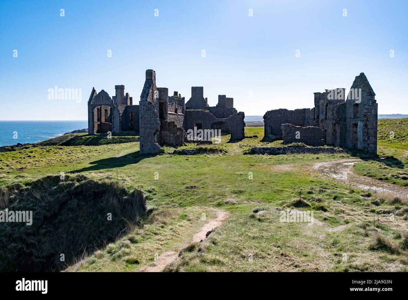 Slains Castle, also known as New Slains Castle to distinguish it from the nearby Old Slains Castle, is a ruined castle in Aberdeenshire, Scotland. Stock Photo
