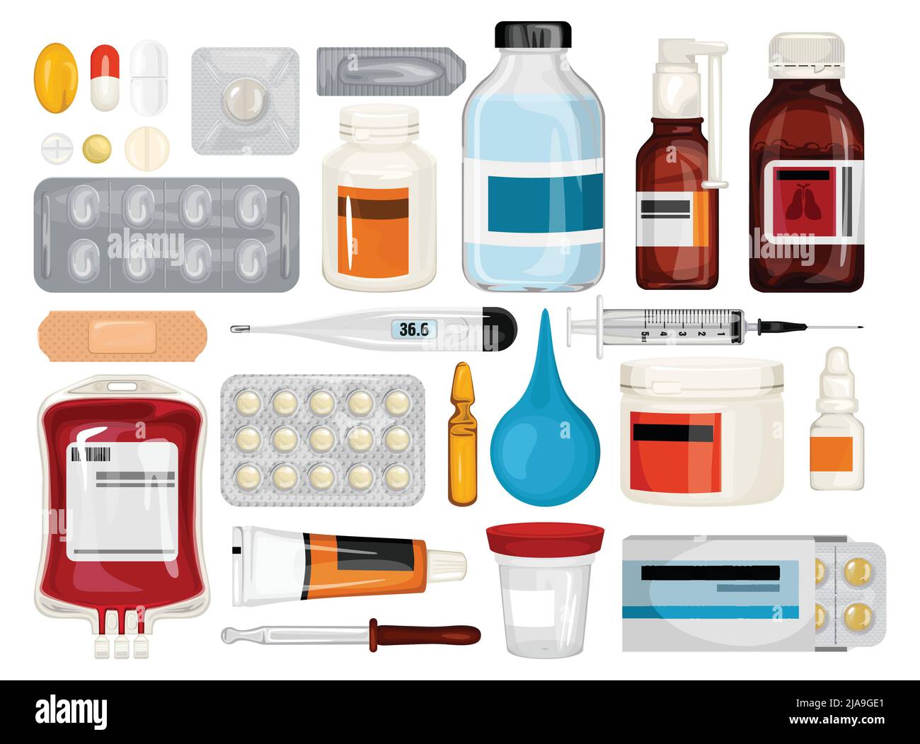 Healthcare medications set of isolated icons with syrup bottles pills ...