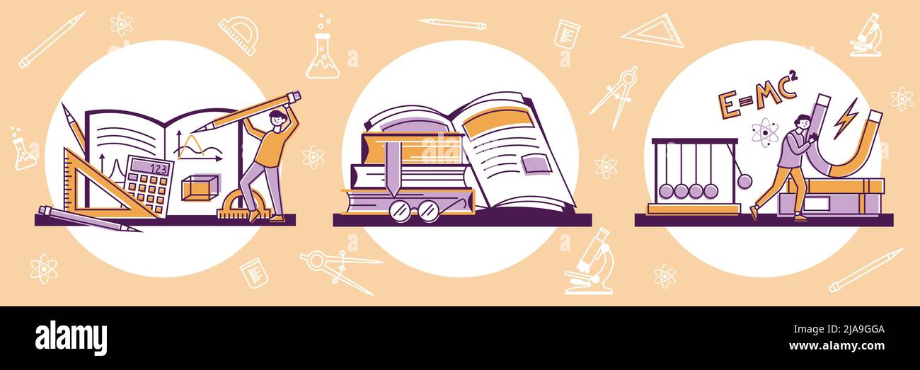 School education subject design icon set with books for learning tools for plotting and scientific experiments vector illustration Stock Vector