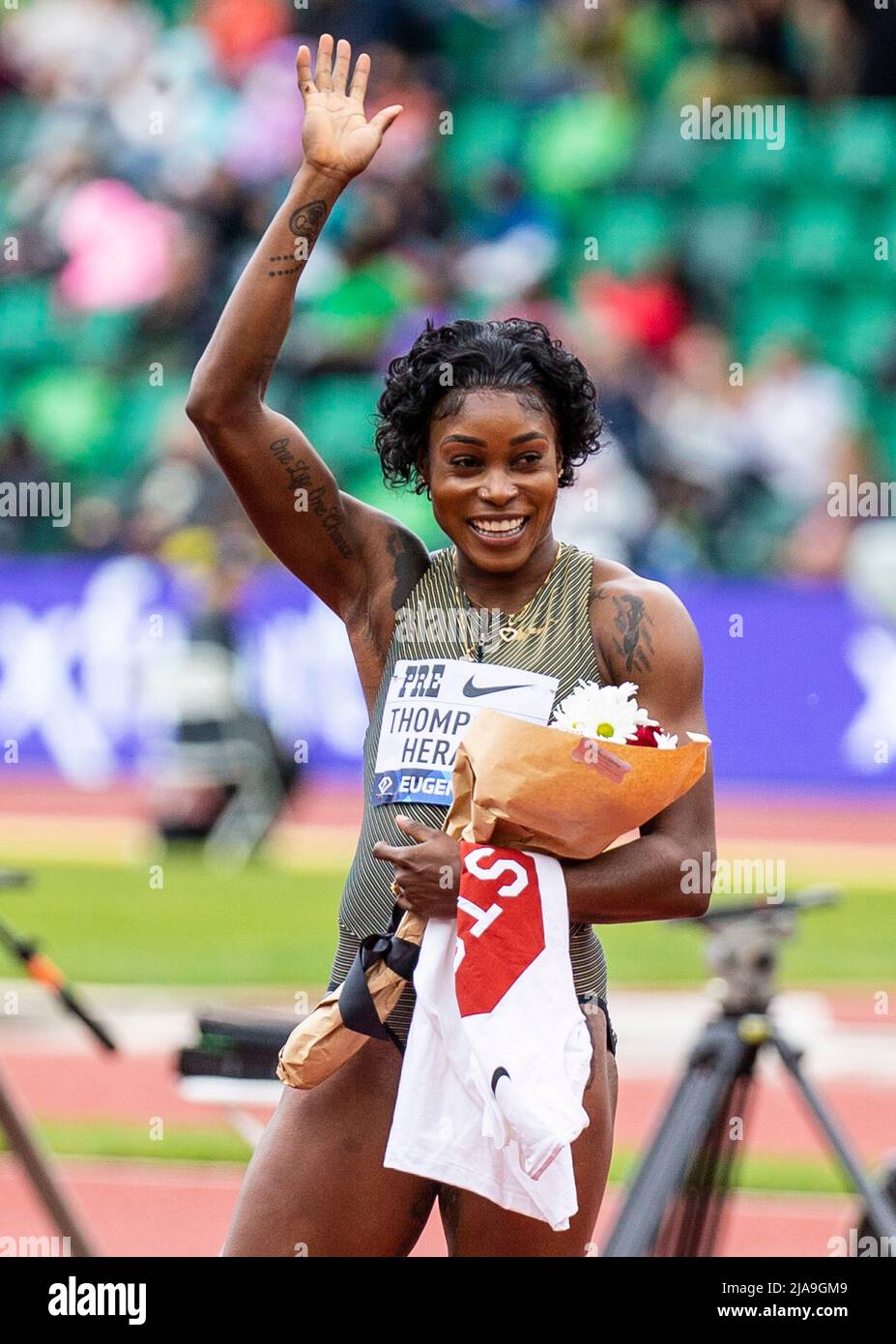 Eugene OR USA. 28th May, 2022. Elaine Thompson Herah takes first place in  the 100 meters with a time of 10.79 during the Nike Prefontaine Classic at  Hayward Field Eugene, OR Thurman
