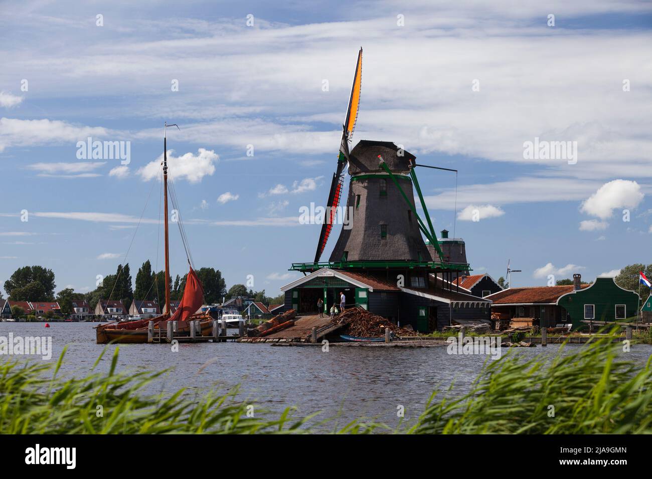 Zaanse Schans museum, North Holland. Working windmills, tourist attraction. Stock Photo