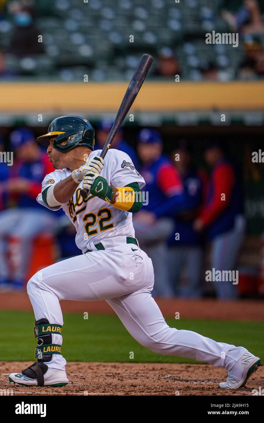 Oakland, USA. 26th May, 2022. Oakland Athletics right fielder Ramon  Laureano (22) swings at a pitch during the third inning in Oakland, CA  Thursday May 26, 2022. (Image of Sport/Neville Guard) Photo