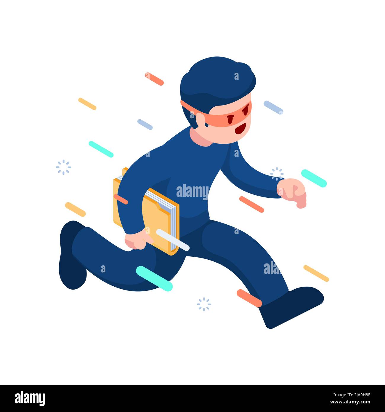 Flat 3d Isometric Hacker or Thief Stealing Folder. Hacker and Cyber Crime Concept. Stock Vector