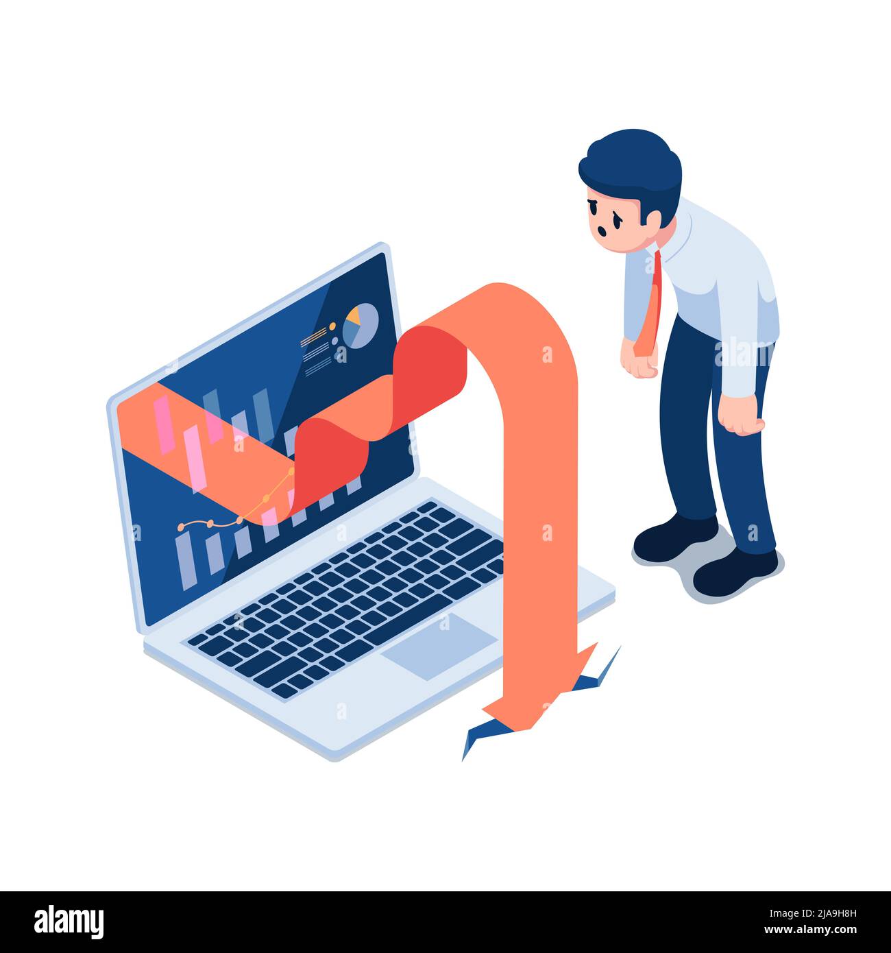 Flat 3d Isometric Businessman with Falling Graph From Laptop Monitor. Stock Market Crash and Financial Crisis Concept. Stock Vector