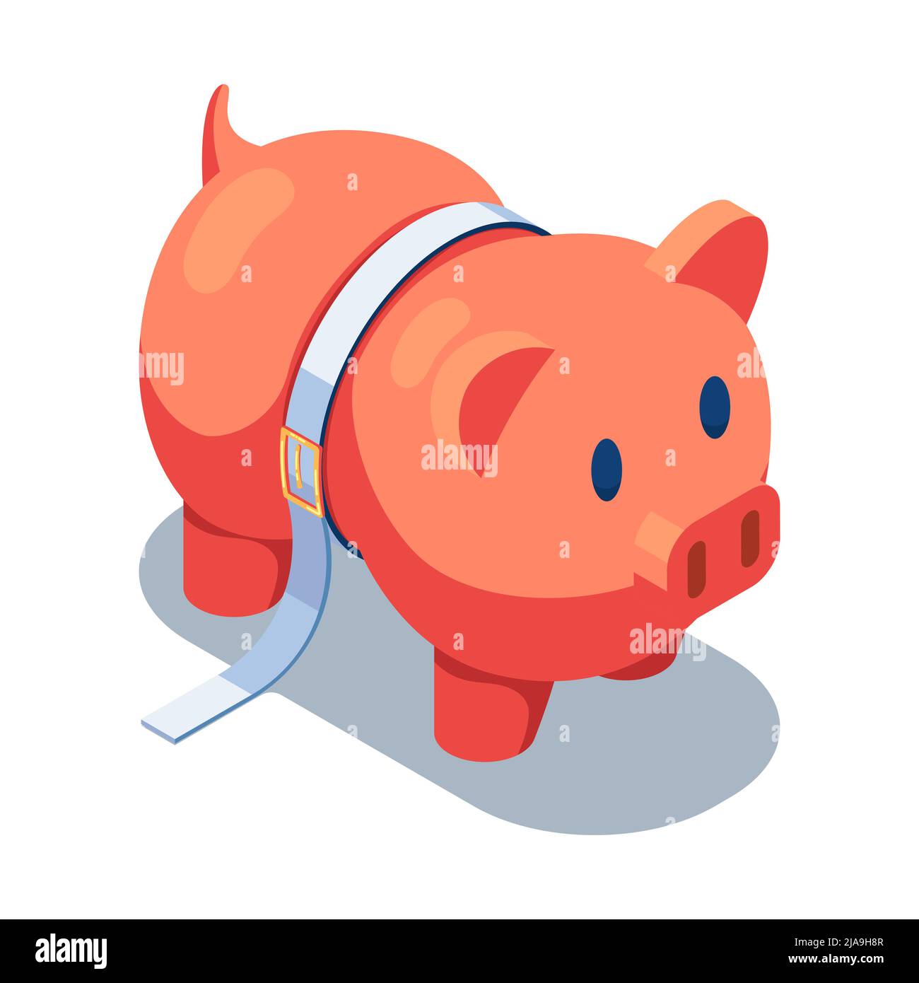 Flat 3d Isometric Piggy Bank Squeezed by A Tighten Belt. Money Management and Financial Crisis Concept. Stock Vector