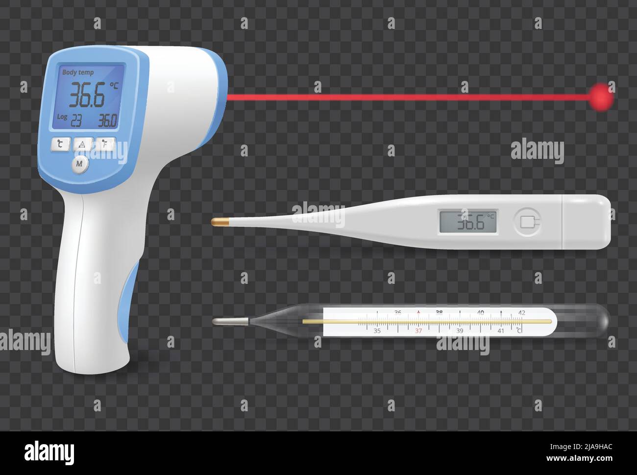 Medical equipment realistic set of digital and mercury thermometers on