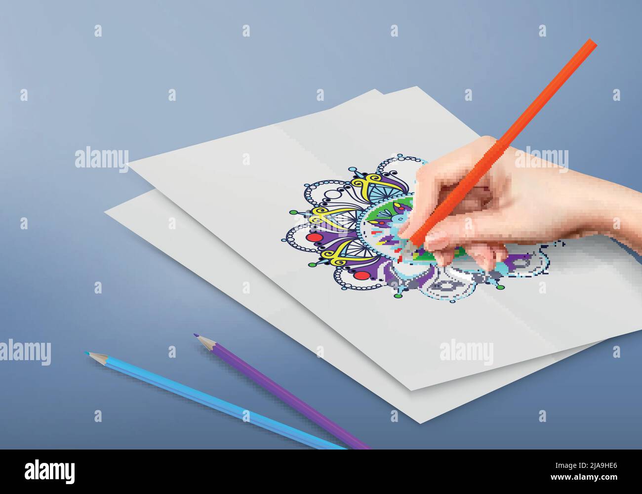 Female hand colouring antistress mandala with coloured pencils realistic vector illustration Stock Vector