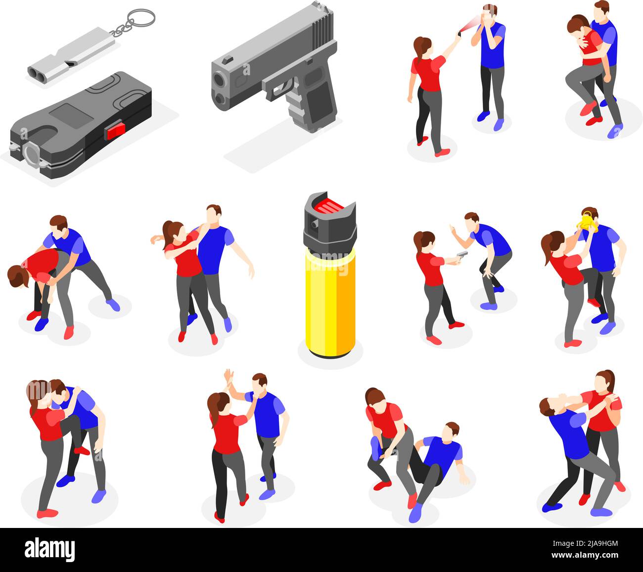 Self defense isometric icons collection with isolated personal ...