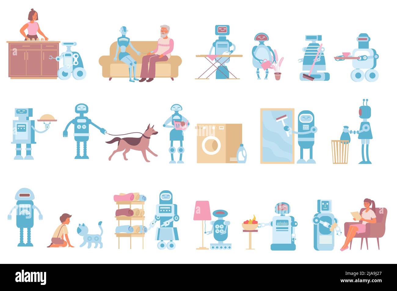 Robot home flat set of isolated icons with household appliances ...