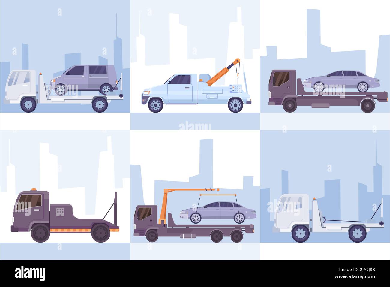 Car evacuation six square compositions set of city tow trucks towed