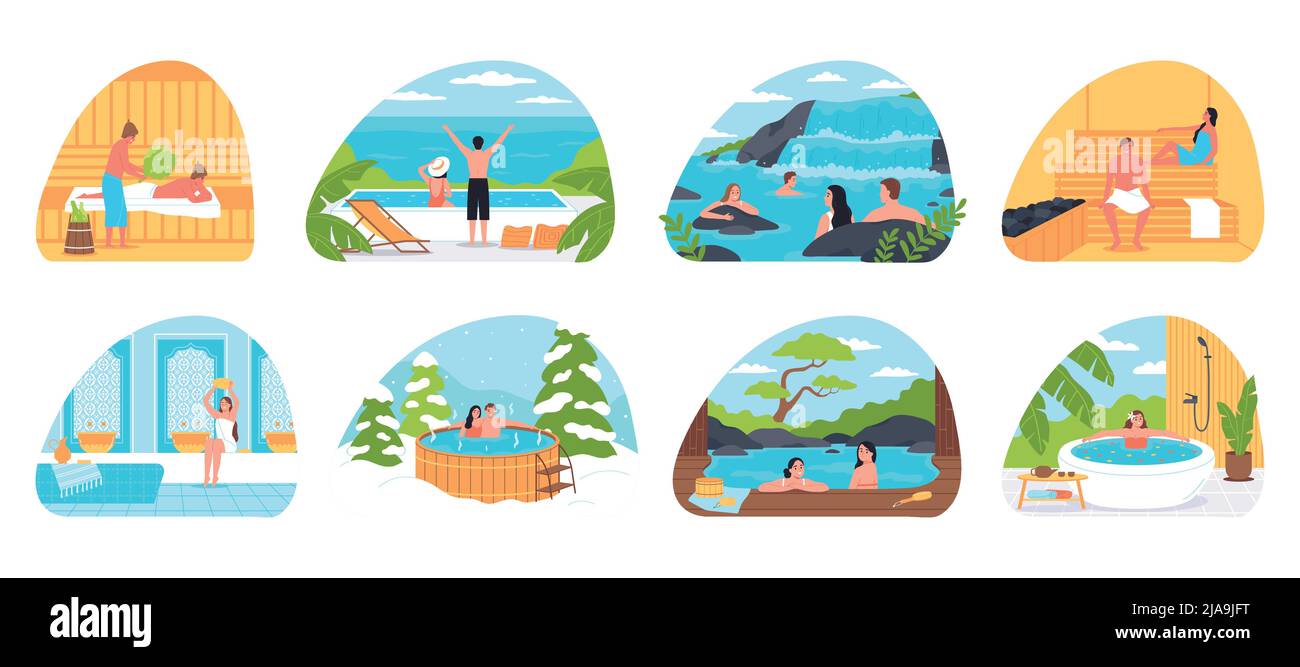Relaxing and bathing compositions set of people steaming in steam room relaxing in wooden jacuzzi in lake and pool with thermal waters flat vector ill Stock Vector