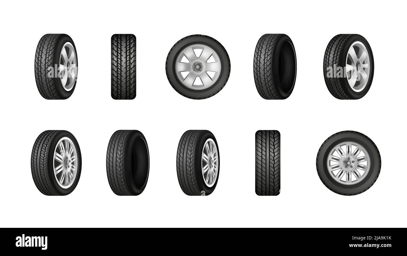 Car wheels with different protector tread patterns realistic monochrome set isolated on white
