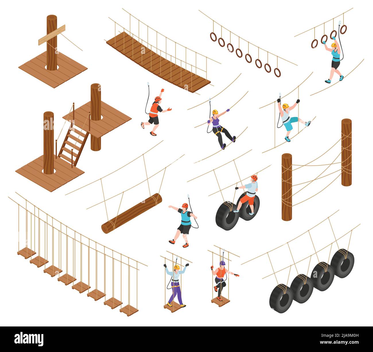 Rope park isometric set of extreme equipment elements so as ropewalk zipline tires walk isolated vector illustration Stock Vector