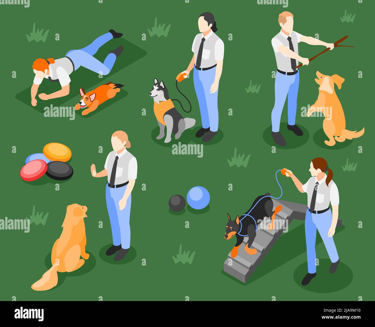 Dog school isometric background with isolated dogs characters of teachers giving commands with play equipment images vector illustration Stock Vector