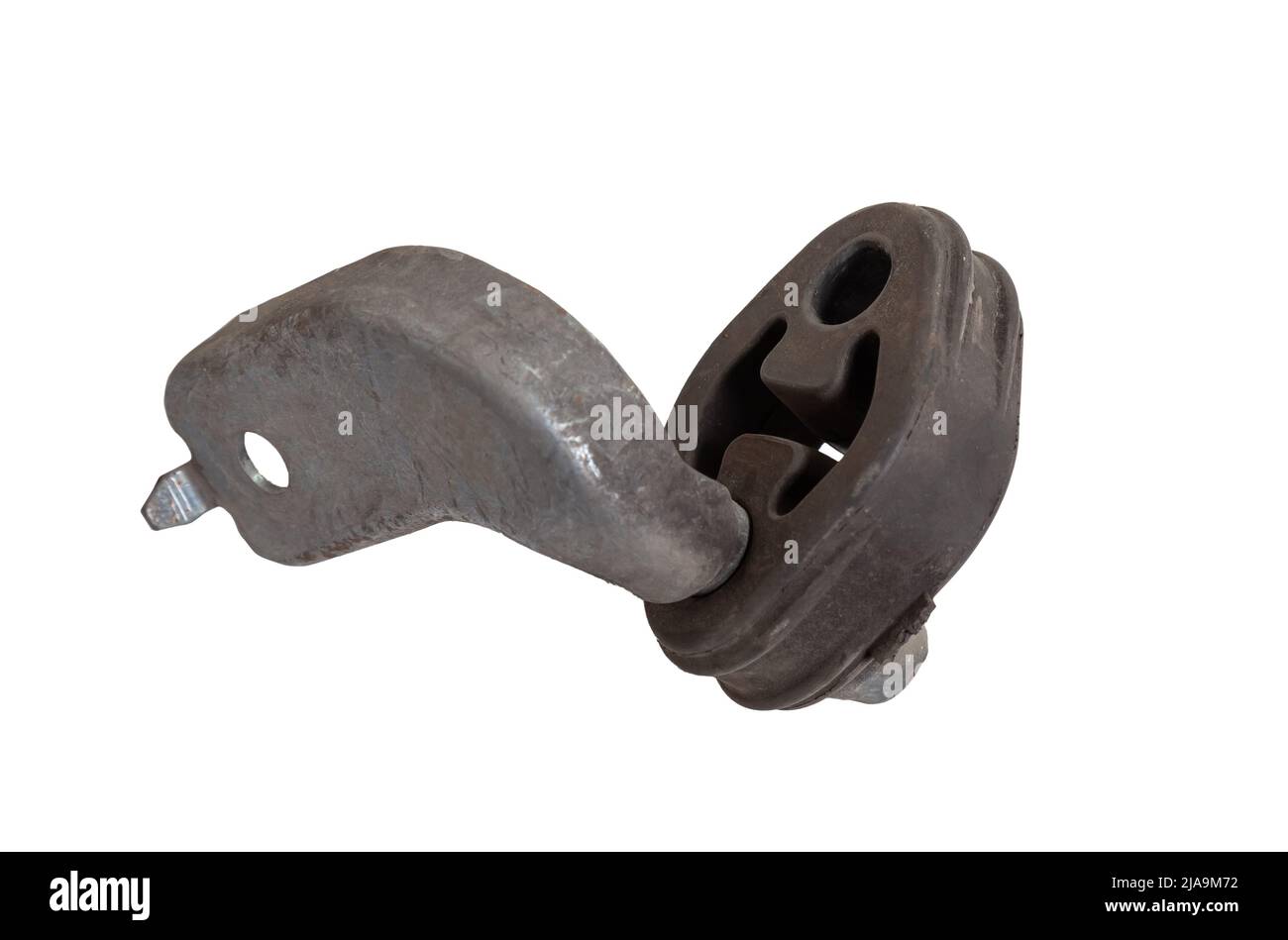 Car exhaust pipe rubber hanger isolated on white. Spare parts catalog