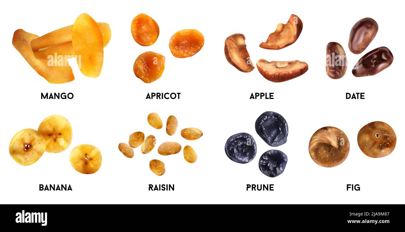 Dry fruits realistic set of mango apricot apple date banana raisin prune fig isolated vector illustration Stock Vector