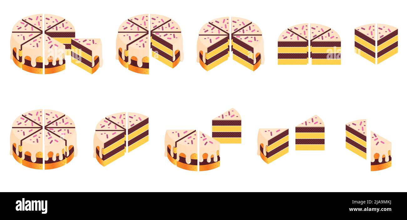 Cakes for events isometric set of isolated icons with round cake cut into slices individual pieces vector illustration Stock Vector